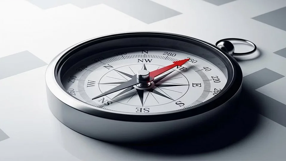 A compass lying on a gray patterned surface with a mirror-like silver rim and a small keyring attached at the top.