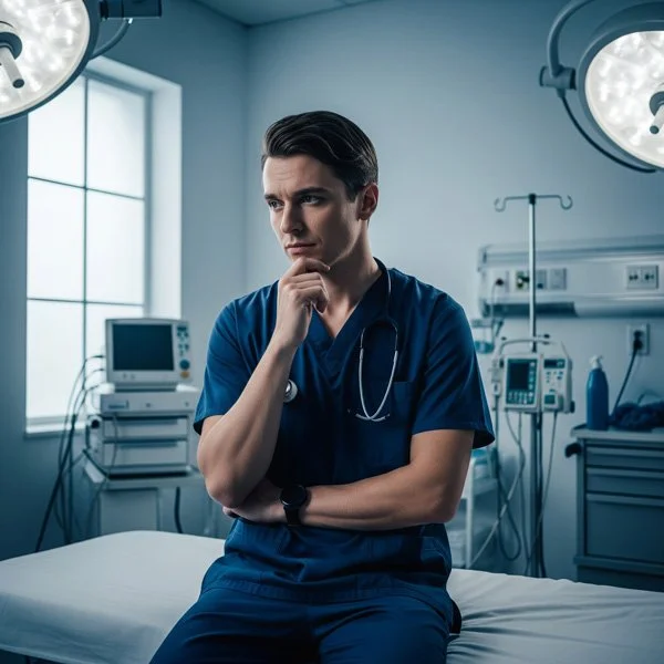 A young male doctor in blue scrubs sitting on an examination bed in a hospital room, deep in thought with a hand on his chin, surrounded by medical equipment and monitors.
