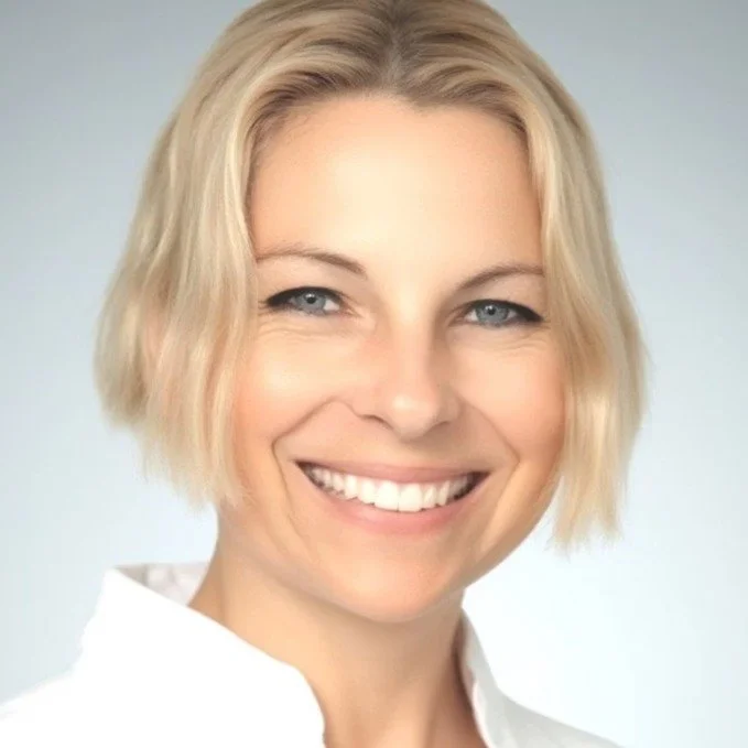 Close-up portrait of a smiling woman with short blonde hair and blue eyes.