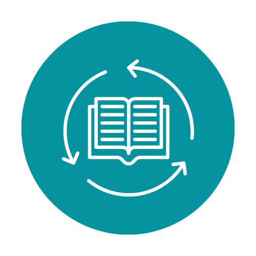 Icon of an open book with three arrows forming a circle around it, symbolizing reading or continuous learning.