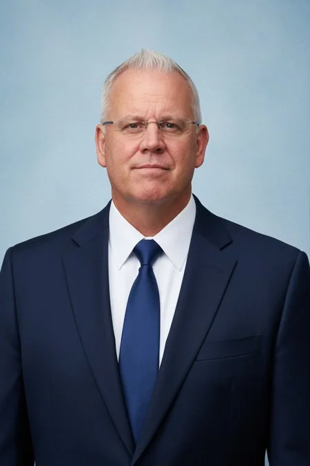 A middle-aged man in a navy blue suit, white dress shirt, and matching tie, standing against a light blue background.