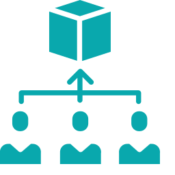 Diagram of a cube connected to multiple people, representing a concept of centralized distribution or management
