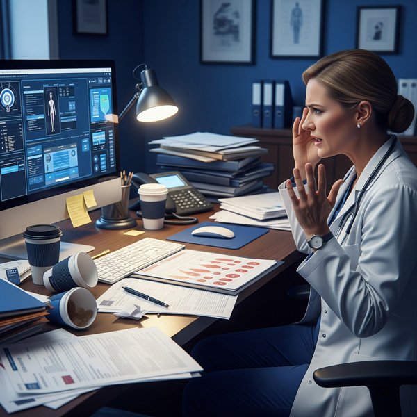 A female doctor in a white coat looks concerned while working at a cluttered desk with medical papers, coffee cups, and a computer displaying medical data in a dimly lit office.