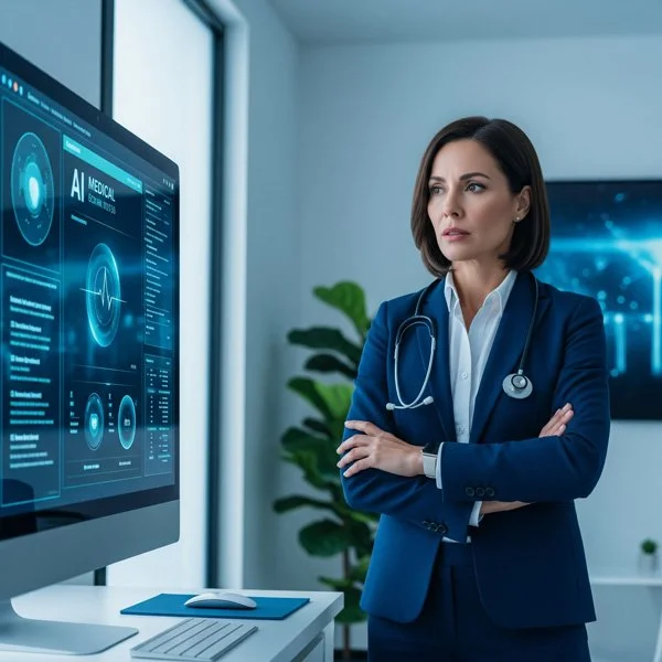 Female doctor in a blue suit with a stethoscope looking at a medical data screen on a computer in a clinical setting.