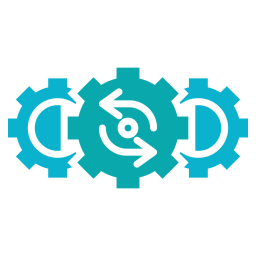 Graphic of three interconnected gears with circular arrows indicating movement and synchronization, representing process or system integration.