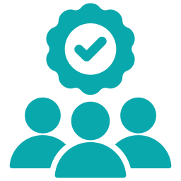 Icon of three people with a checkmark badge above them, symbolizing approval or quality assurance.