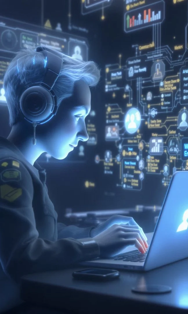 A woman wearing headphones working on a laptop in a dark room illuminated by futuristic digital graphics and data charts projected on a screen behind her.