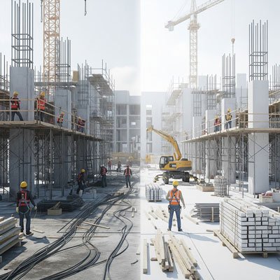 Construction site with workers, scaffolding, cranes, and building materials.