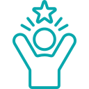 Line art of a person with raised hands and a star above their head