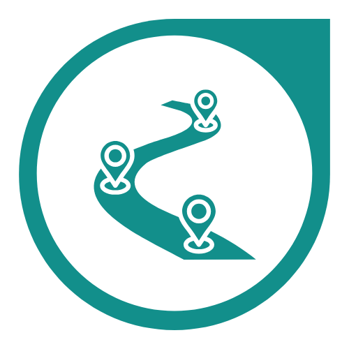 An illustration of a winding road with three location markers along the route inside a circular badge.