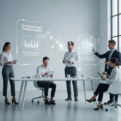 Five professionals in a modern office engaged in a presentation about AI-infused agile transformation, with digital graphics and charts projected on the wall.