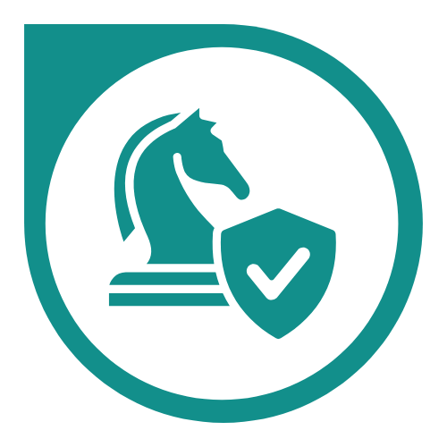 Symbol of a chess knight with a checkmark shield in front, representing security or protection.
