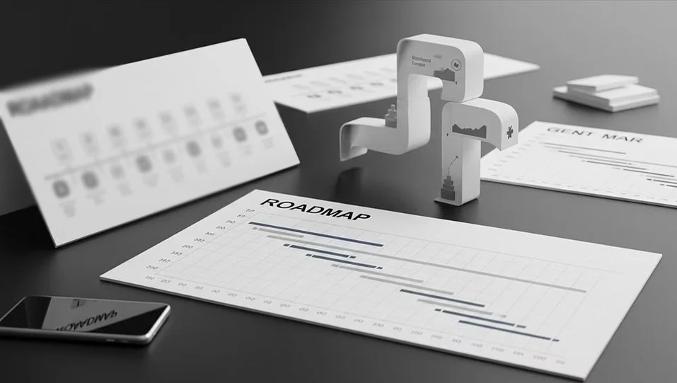 Desk with printed documents labeled 'ROADMAP' and 'CLIENT MAP,' a smartphone, and abstract 3D models of a building, a checkmark, and a graph.