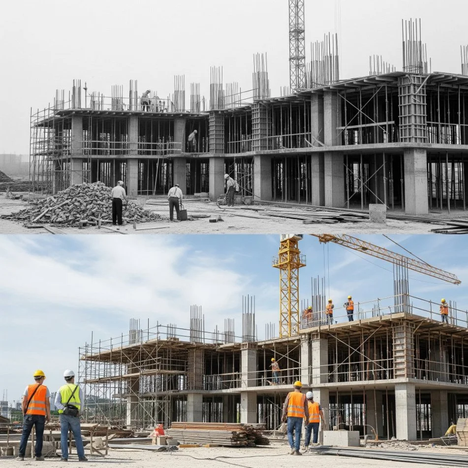 Comparison of two construction site photos: the top is in black and white with workers on a building under construction, and the bottom is in color with workers and a crane at a similar construction site.