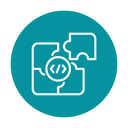 Icon of a puzzle piece with a code symbol in the center, representing software development or coding puzzle.
