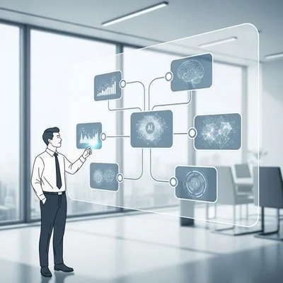 Businessman interacting with a digital interface displaying artificial intelligence and data analysis graphics in a modern office.
