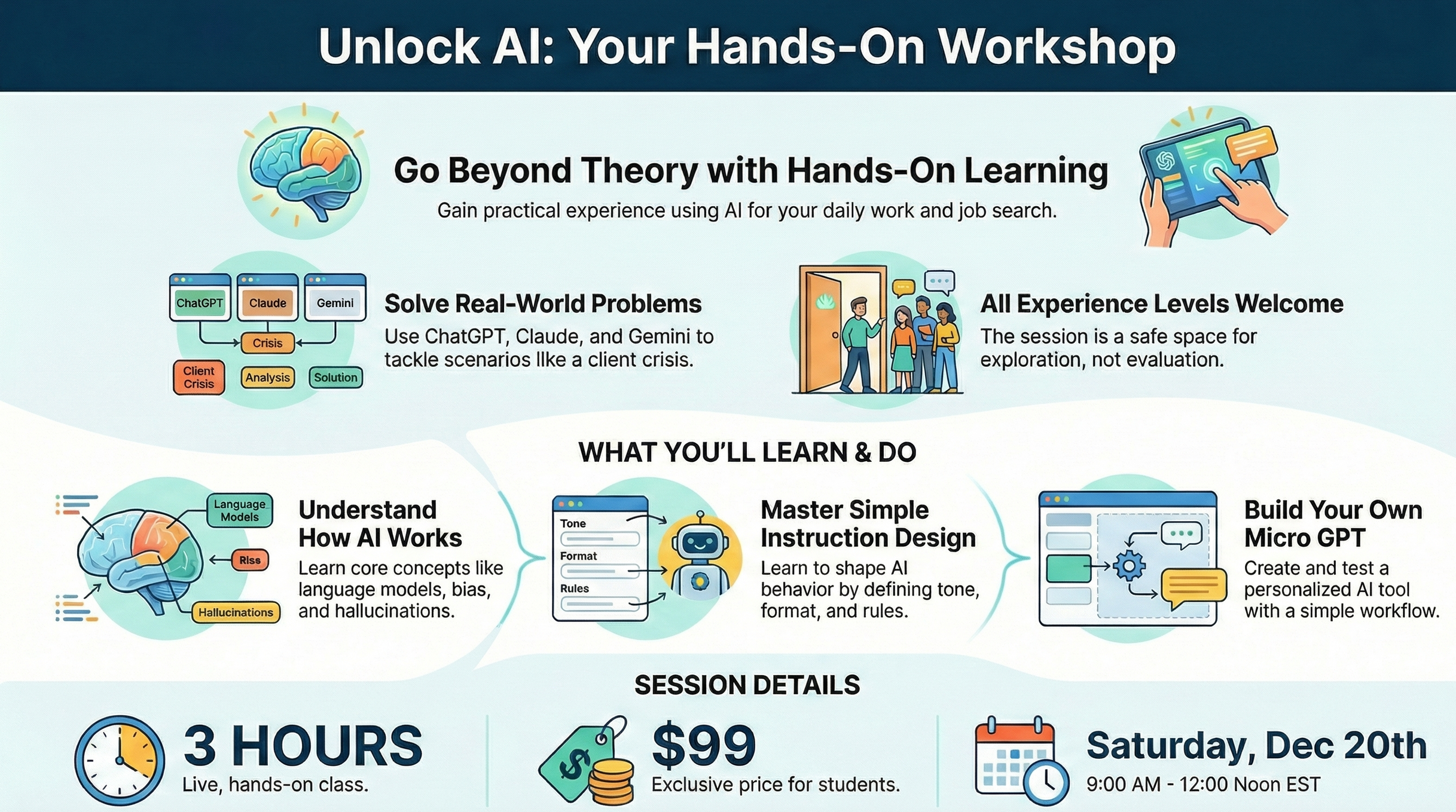 Information about a hands-on workshop titled 'Unlock AI: Your Hands-On Workshop' with details about learning AI concepts, solving real-world problems, and building micro GPT models, including session duration, price, and date.