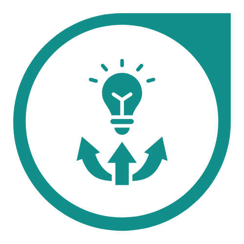 A teal icon with a light bulb at the center and three arrows pointing in different directions beneath it, enclosed by a rounded teal border.
