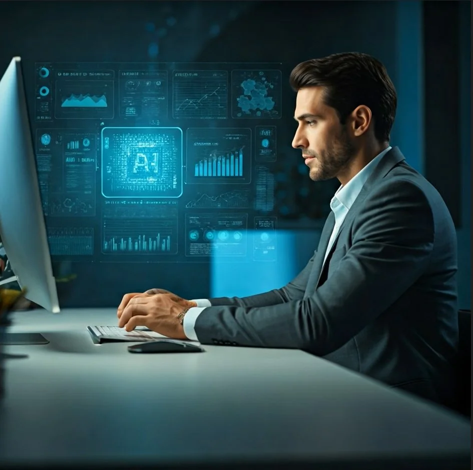 A man in a gray suit working at a desk with futuristic digital data and charts projected in front of him.