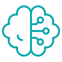 A stylized icon of a brain with one half smiling and the other half with circuit-like lines, representing artificial or digital intelligence.
