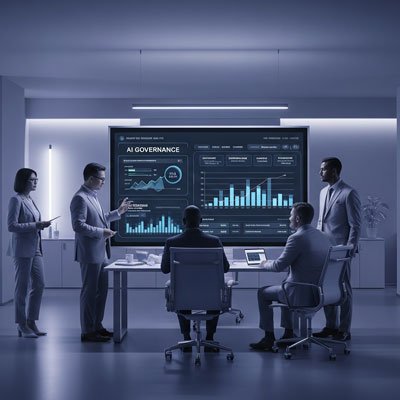Five business professionals in a conference room analyzing data and charts on a large digital screen with graphs labeled 'AI Governance'.