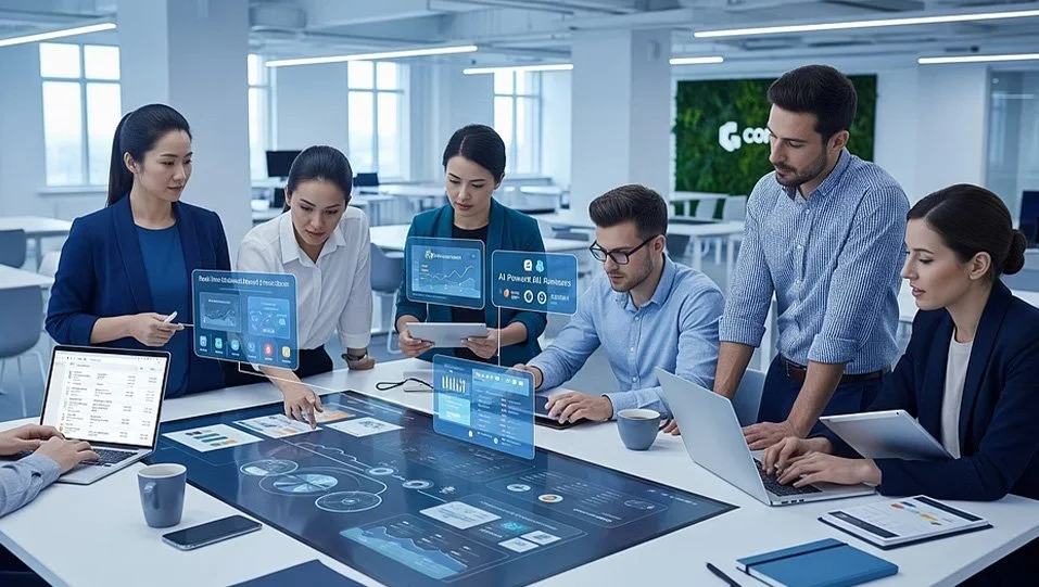 Group of professionals in a modern office analyzing data on a large digital touchscreen table and using laptops and tablets.