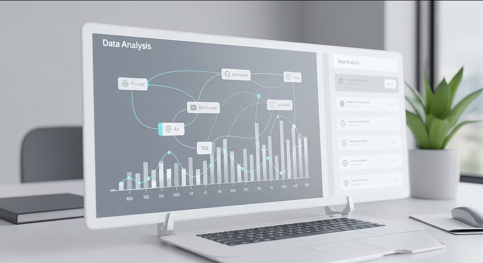 Computer monitor displaying data analysis charts and graphs with a plant in the background.