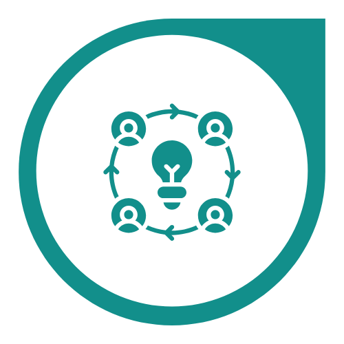 Icon of four people connected around a lightbulb, representing collaboration and idea sharing.