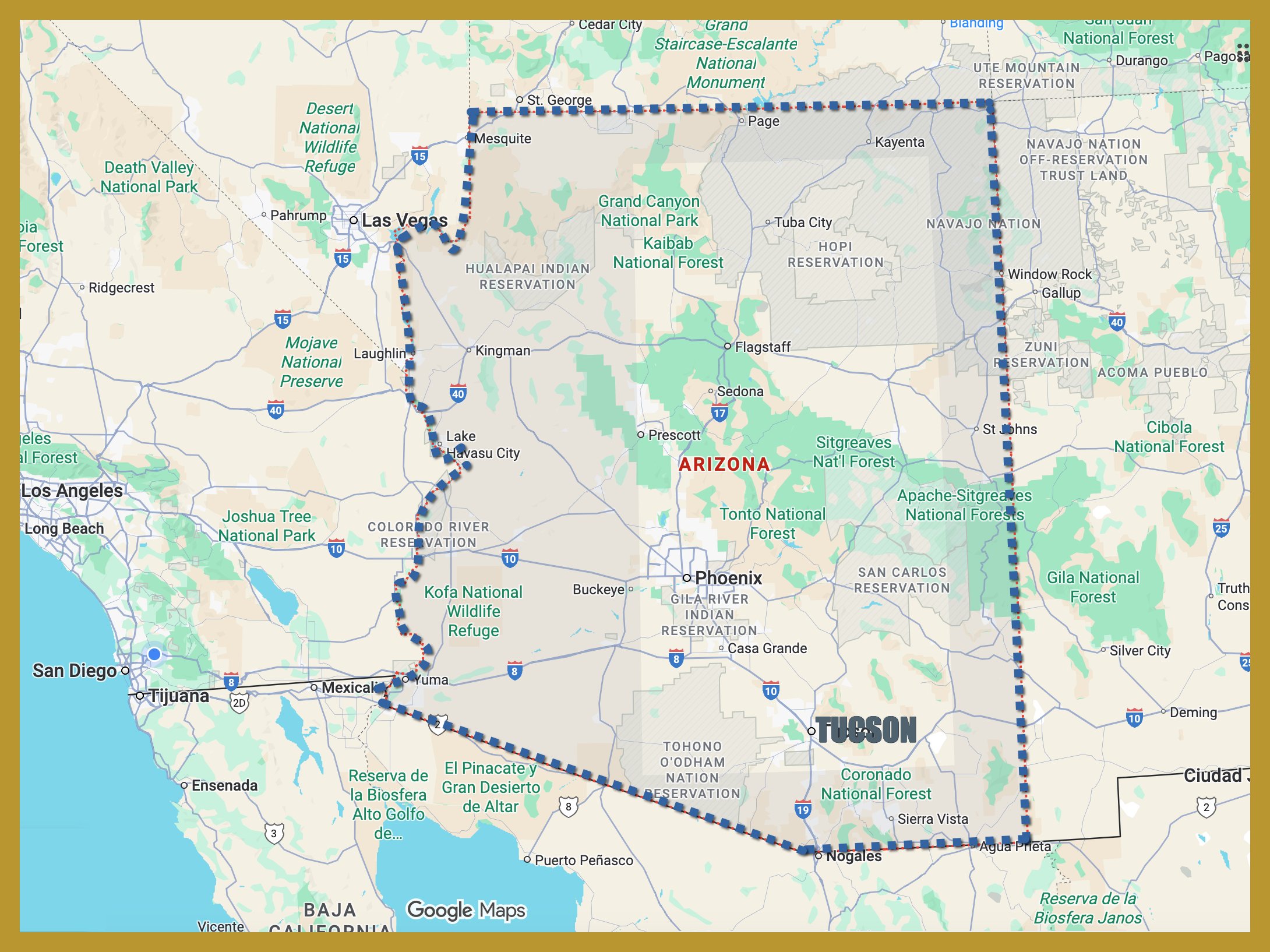 Map of Arizona with a marked route starting from Nogales, passing through Tucson, Phoenix, and Las Vegas, with a dotted border outlining the state boundaries.