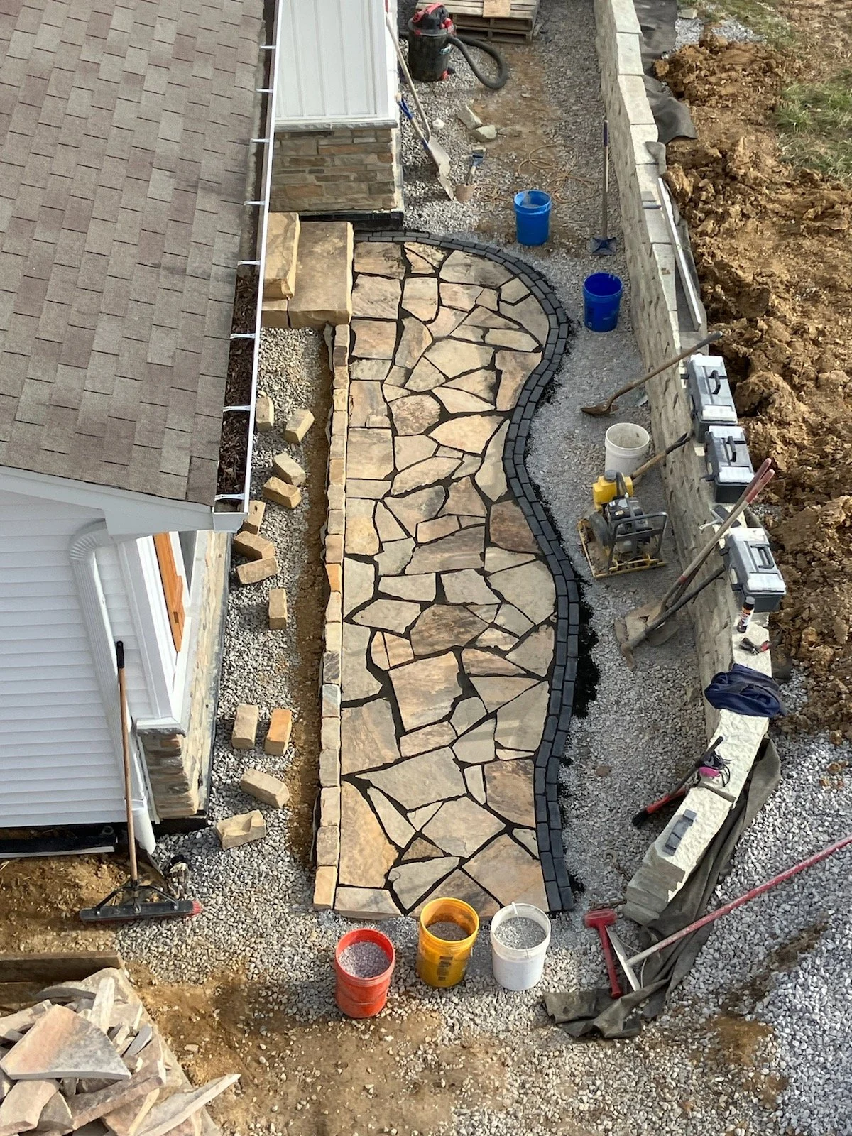 Overhead view of flagstone walkway