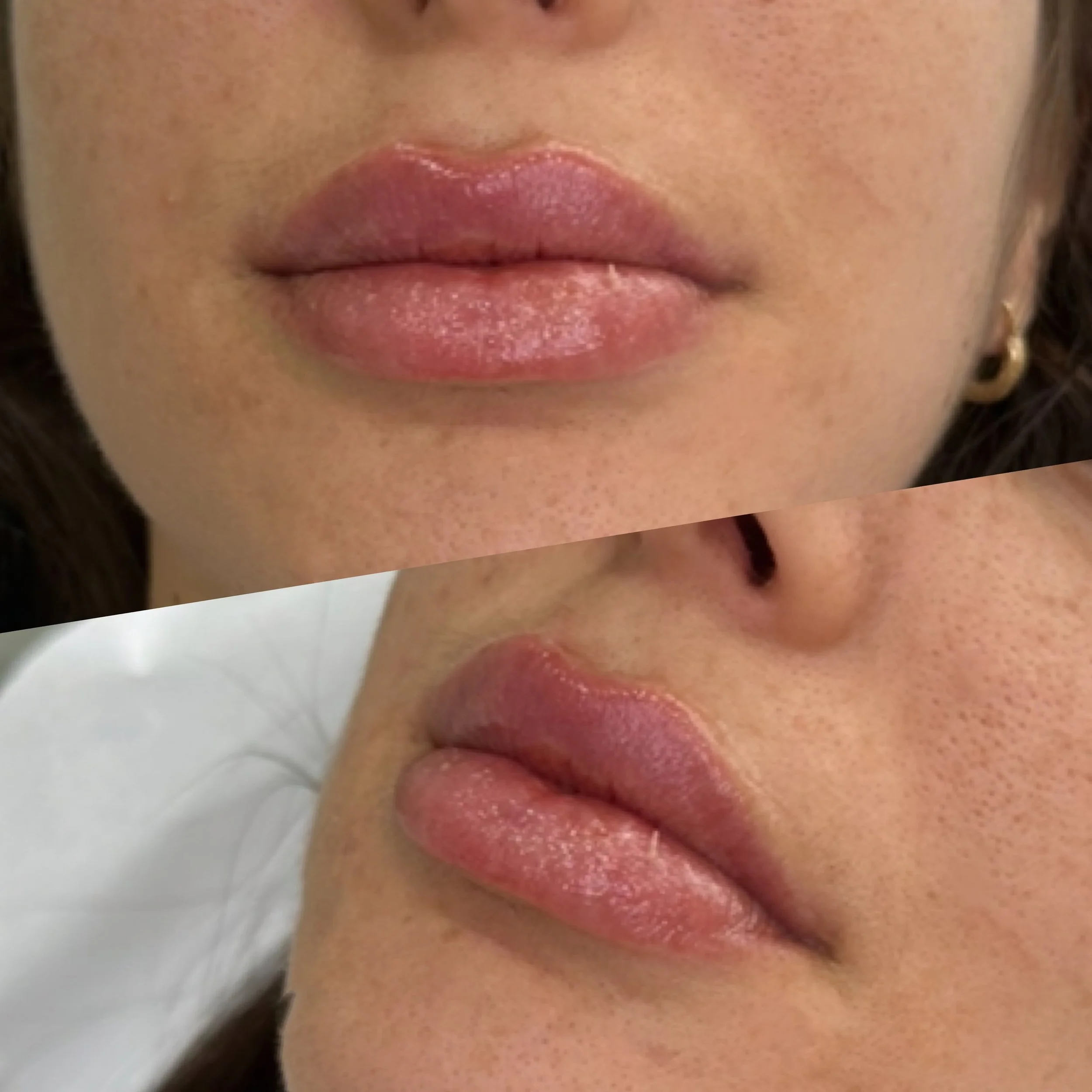 Close-up of a woman's lips with shiny, well-moisturized pink lipstick, shown from the front and side angles.