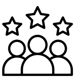 A black and white line drawing of five five-pointed stars above four circles, with three stick figure human icons below the circles.