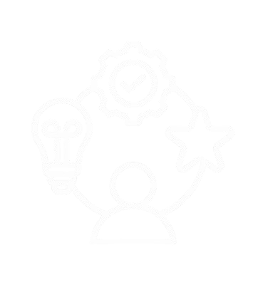 Icon of a person surrounded by symbols: a lightbulb, a gear with a checkmark, and a star, representing ideas, quality, and achievements.