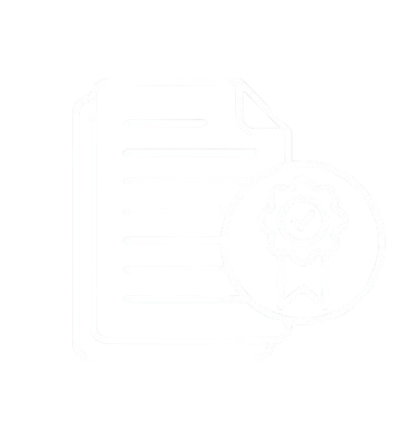 Icon of a paper with lines and a badge with a checkmark ribbon, representing certification or achievement.