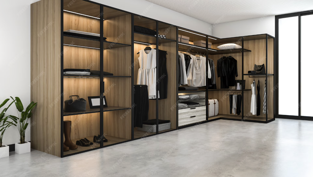 Modern walk-in closet with built-in shelves and hanging space, containing clothes, shoes, and accessories, next to a sliding glass door, with two potted plants nearby.
