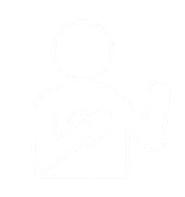 Line drawing of a person with one hand on their chest and the other raised in a 'hello' or greeting gesture.