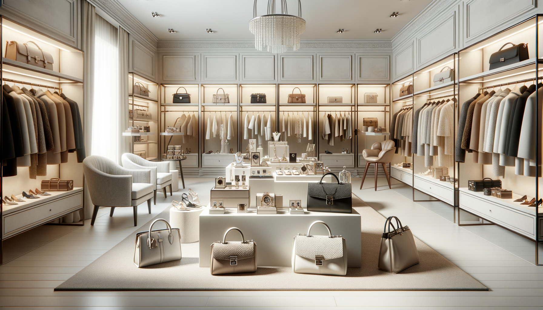 Interior of a luxury boutique with handbags, shoes, and accessories displayed on shelves, tables, and rugs.