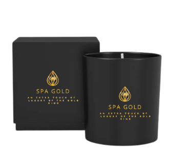 Black candle with gold Spa Gold logo and packaging