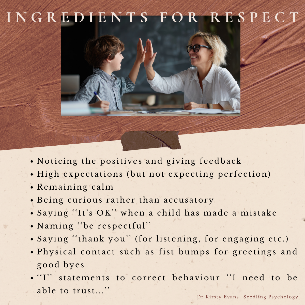 A woman and a young boy are sitting at a table, giving each other a high-five. The woman has blonde hair and glasses, and the boy has brown hair. The background appears to be a classroom or office.
