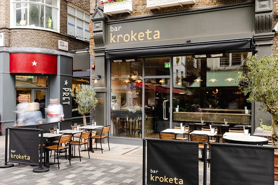 Exterior of a bar named 'Kroketa' with outdoor seating and large windows, located on a city street.