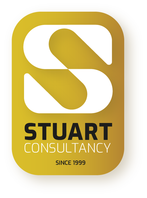 Logo for Stuart Consultancy with a large white S, black text reading 'STUART', and white text 'CONSULTANCY' underneath, on a gold background with black border.