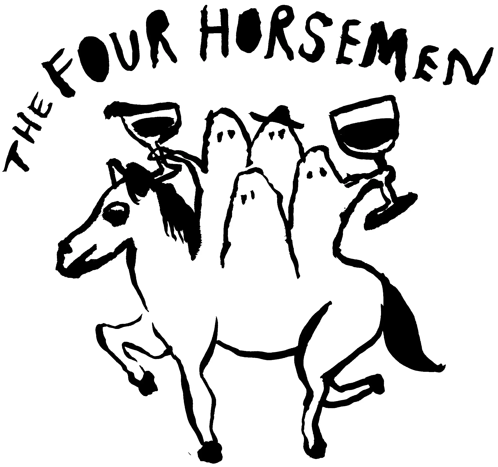 A cartoon drawing of a horse with four heads, each holding a wine glass, with the text "The Four Horsemen" above it.