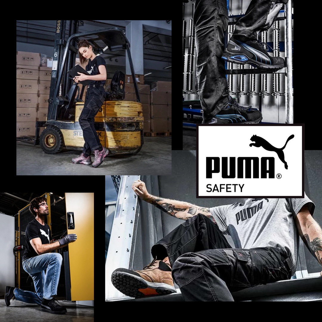Various workers wearing PUMA safety shoes and gear in an industrial setting, including a woman on a forklift, a person stacking items, a man kneeling in front of a yellow machine, and another man sitting with tattoos wearing PUMA shoes, with the PUMA safety logo displayed.
