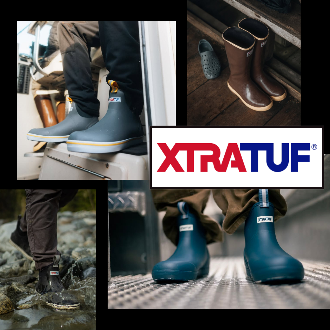 Collage of waterproof footwear including rain boots and rubber boots, with the XTRATUF logo in the center.