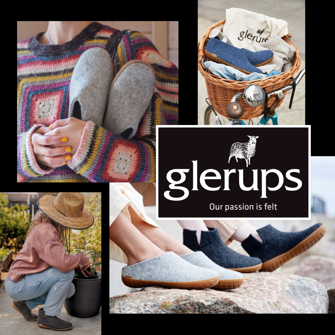 Collection of cozy footwear and accessories including slippers, shoes, and boots; a person with painted nails holding slippers; a woman gardening with a large sun hat; a bicycle with a basket of clothes; a logo with a sheep and the word 'glerups' and the tagline 'Our passion is felt'.