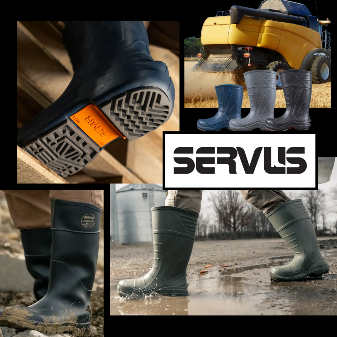 Collection of Servus brand footwear and a yellow construction vehicle. Features rubber boots in different colors and settings, including muddy and wet environments, with one close-up of the sole showing tread pattern.