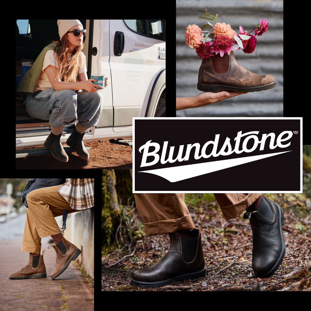 Collage of outdoor scenes featuring various Blundstone boots, including a woman sitting by a van, a hand holding a boot filled with flowers, and close-ups of boots on different terrains.