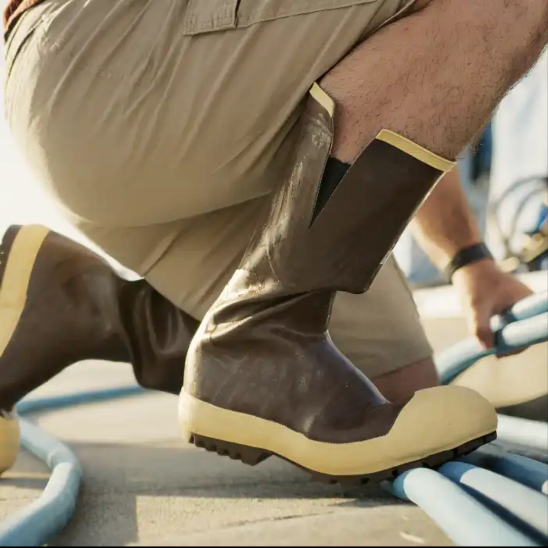 Close-up of a person wearing waterproof boots and khaki shorts, kneeling down on a boat deck while working with hoses or cables.
