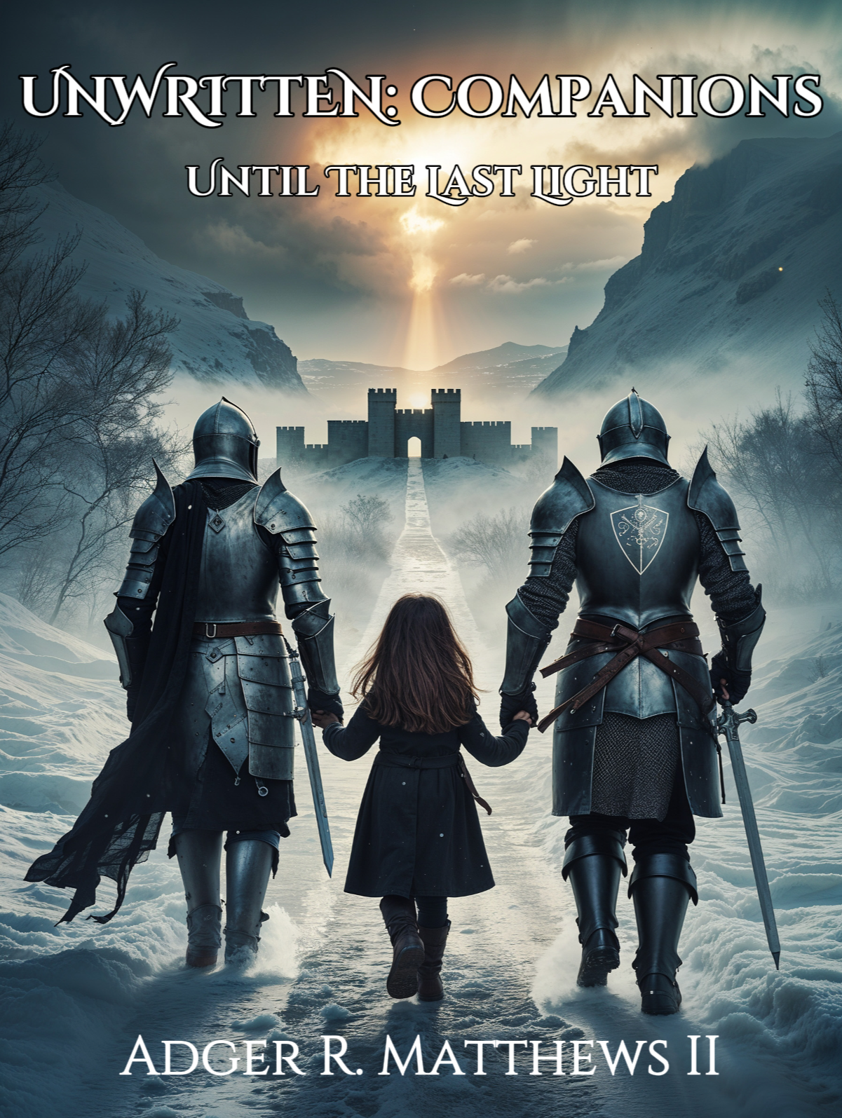 Cover art of a fantasy book titled 'Unwritten: Companions Until the Last Light' by Adger R. Matthews II. Features two armored knights holding hands with a young girl in the middle, walking toward a castle in a snowy mountain landscape with a sunset.