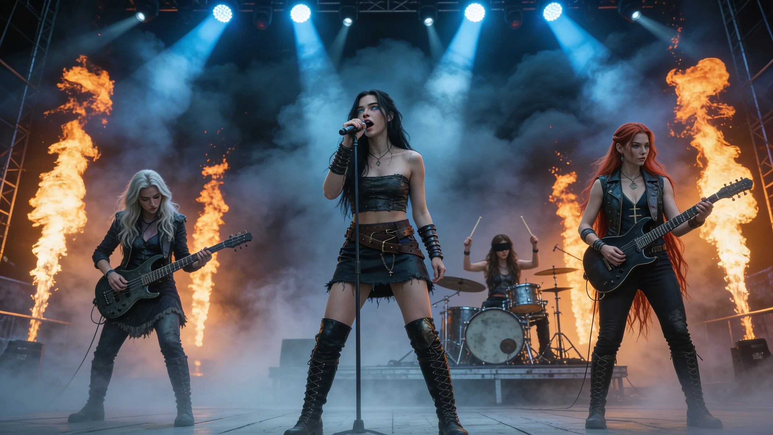 A female rock band performs on stage with fire effects behind them, featuring a singer in the center with dark hair and leather outfit, two guitarists on either side, and a drummer in the background with a blindfold, all with intense stage lighting and smoke.